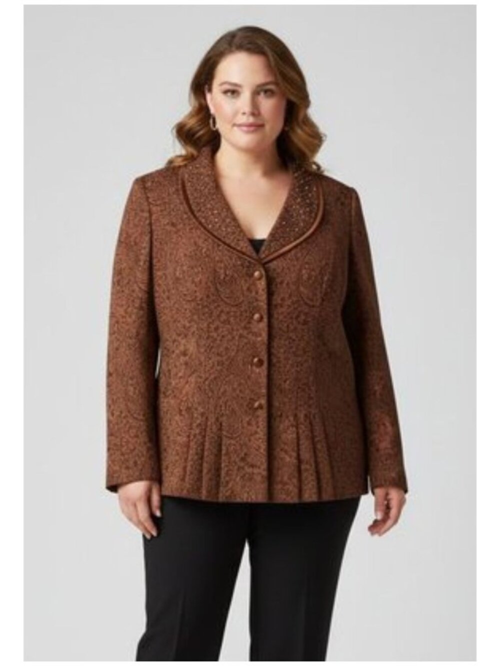 Danny & Nicole Brown Paisley Brocade Pleated Blazer Beaded Satin Trim Size 18
